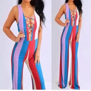 Burgundy Red Blue Purple Striped Sleeveless Keyhole Romper Jumpsuit Pants S NEW